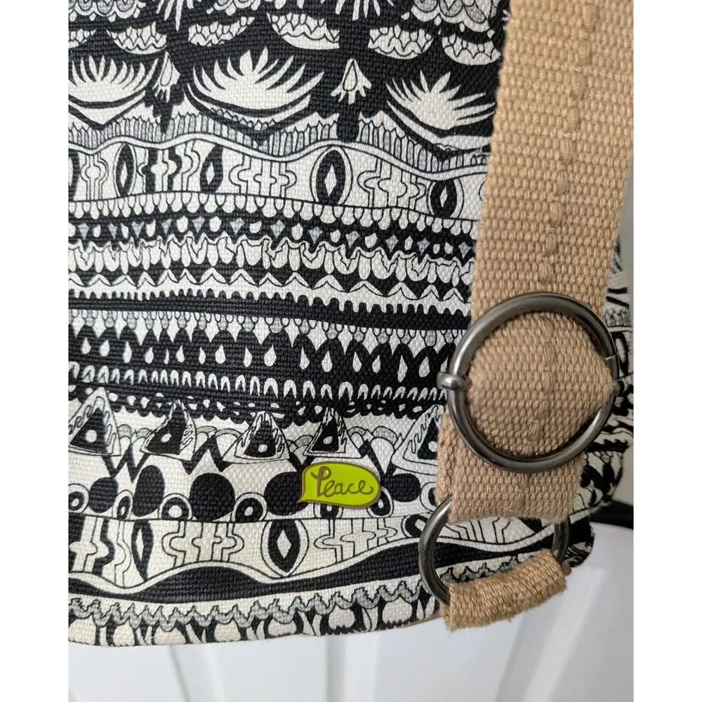 Sakroots Black & Tan Convertible Messenger Crossbody Hippie Peace Bohemian Bag